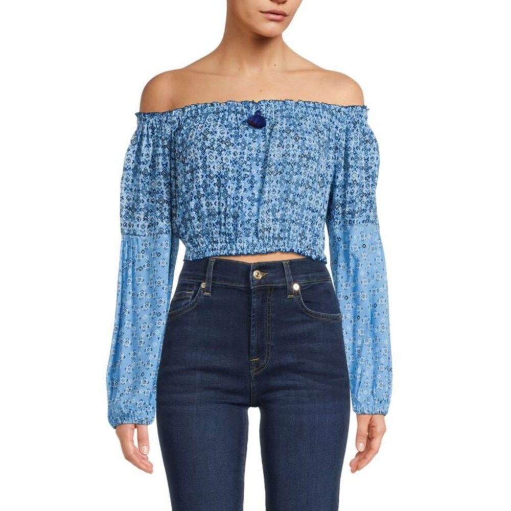 Poupette St Barth Boho Mosaic Print Off Shoulder Crop Top Long Sleeves Blue L
